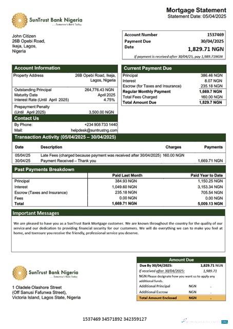 Download Nigeria SunTrust Bank mortgage statement Word and PDF template Photoshop template